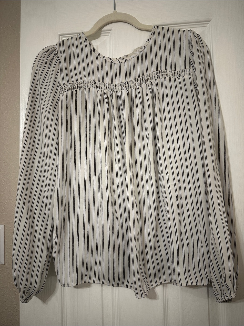 LOFT White Blouse with Navy Vertical Stripes